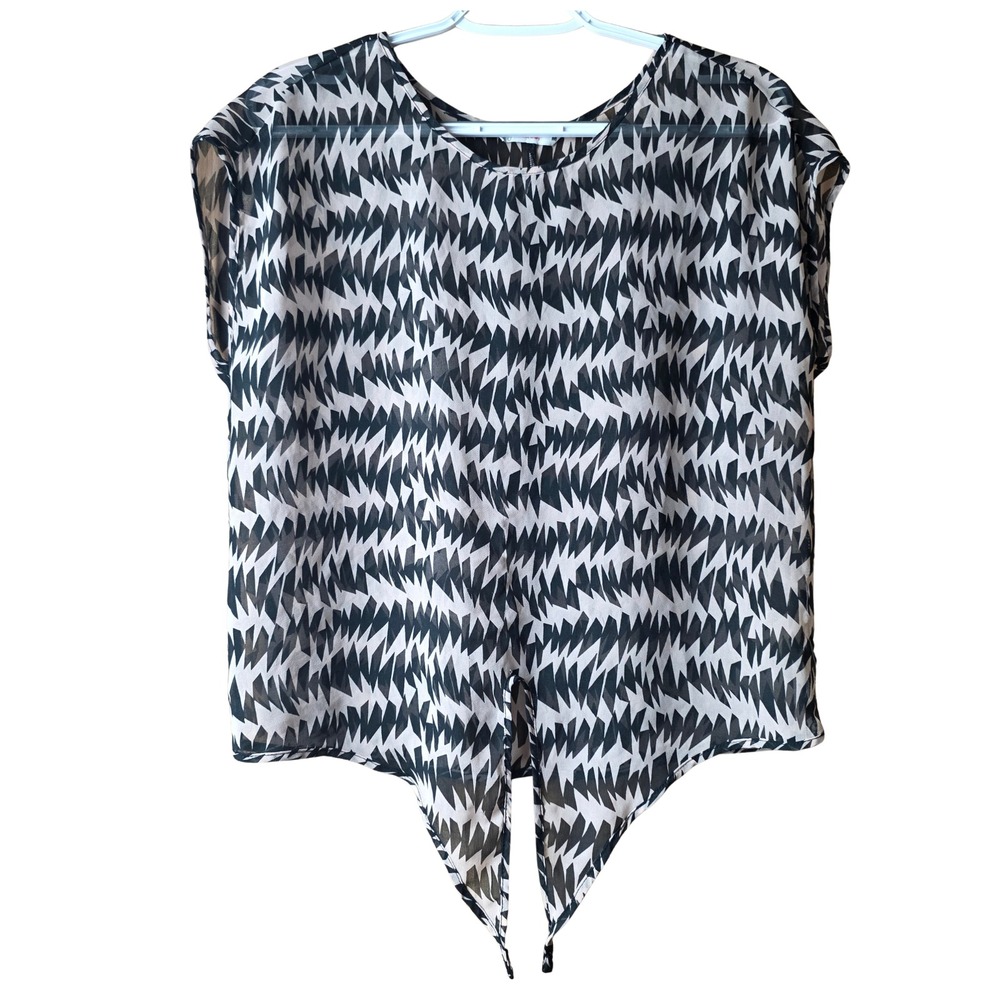 Lefties Women's Medium Sheer Geometric Print Tie Front Blouse Short Sleeve Black